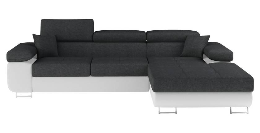 Canapé d’angle convertible AMANDA gris foncé et blanc – Tissu effet lin – Angle droit 