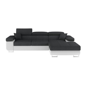 Canapé d’angle convertible AMANDA gris foncé et blanc – Tissu effet lin – Angle droit 