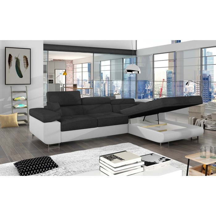 Canapé d’angle convertible AMANDA gris foncé et blanc – Tissu effet lin – Angle droit 