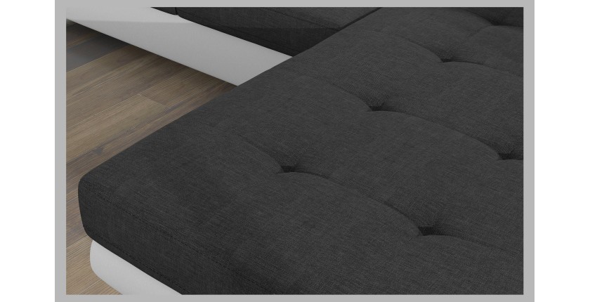 Canapé d’angle convertible AMANDA gris foncé et blanc – Tissu effet lin – Angle droit 