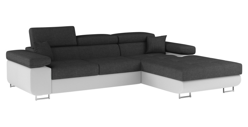 Canapé d’angle convertible AMANDA gris foncé et blanc – Tissu effet lin – Angle droit 