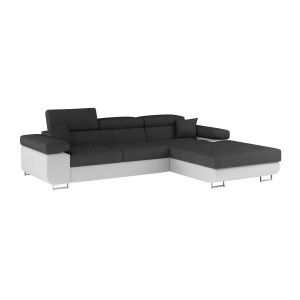 Canapé d’angle convertible AMANDA gris foncé et blanc – Tissu effet lin – Angle droit 