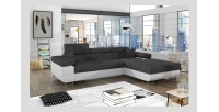 Canapé d’angle convertible AMANDA gris foncé et blanc – Tissu effet lin – Angle droit 
