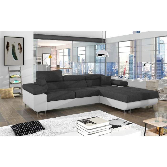 Canapé d’angle convertible AMANDA gris foncé et blanc – Tissu effet lin – Angle droit 