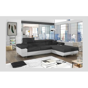 Canapé d’angle convertible AMANDA gris foncé et blanc – Tissu effet lin – Angle droit 