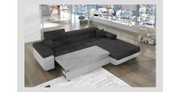 Canapé d’angle convertible AMANDA gris foncé et blanc – Tissu effet lin – Angle droit 