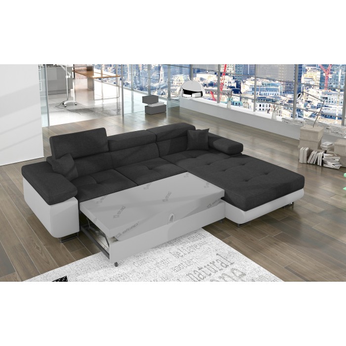 Canapé d’angle convertible AMANDA gris foncé et blanc – Tissu effet lin – Angle droit 