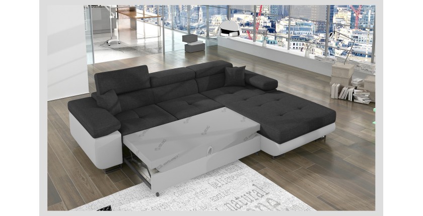 Canapé d’angle convertible AMANDA gris foncé et blanc – Tissu effet lin – Angle droit 