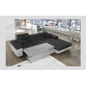 Canapé d’angle convertible AMANDA gris foncé et blanc – Tissu effet lin – Angle droit 