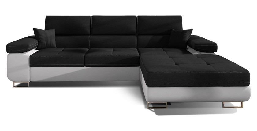 Canapé d’angle convertible AMANDA noir et blanc – Tissu effet lin – Angle droit 