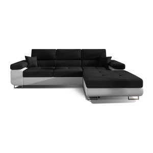 Canapé d’angle convertible AMANDA noir et blanc – Tissu effet lin – Angle droit 