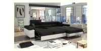 Canapé d’angle convertible AMANDA noir et blanc – Tissu effet lin – Angle droit 