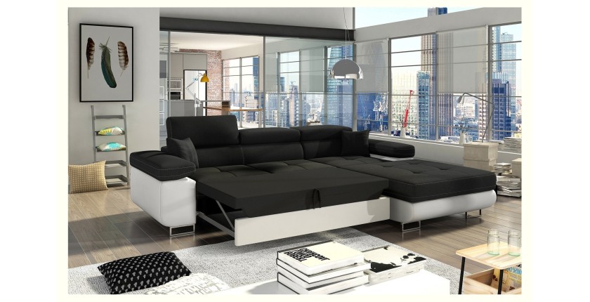 Canapé d’angle convertible AMANDA noir et blanc – Tissu effet lin – Angle droit 