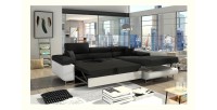 Canapé d’angle convertible AMANDA noir et blanc – Tissu effet lin – Angle droit 