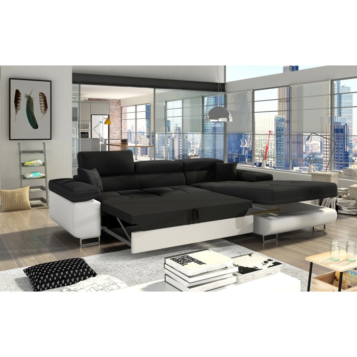 Canapé d’angle convertible AMANDA noir et blanc – Tissu effet lin – Angle droit 