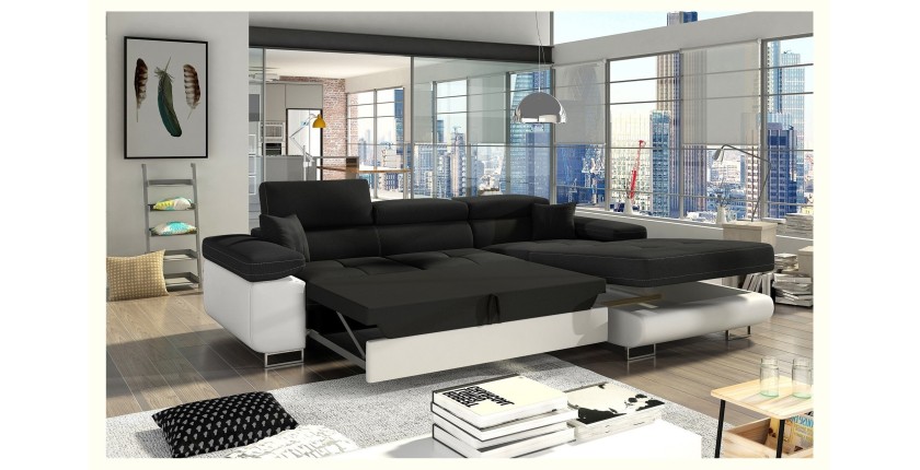 Canapé d’angle convertible AMANDA noir et blanc – Tissu effet lin – Angle droit 