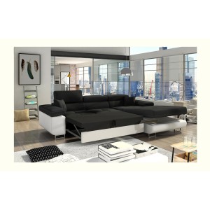 Canapé d’angle convertible AMANDA noir et blanc – Tissu effet lin – Angle droit 