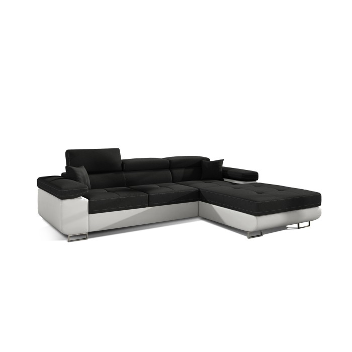 Canapé d’angle convertible AMANDA noir et blanc – Tissu effet lin – Angle droit 