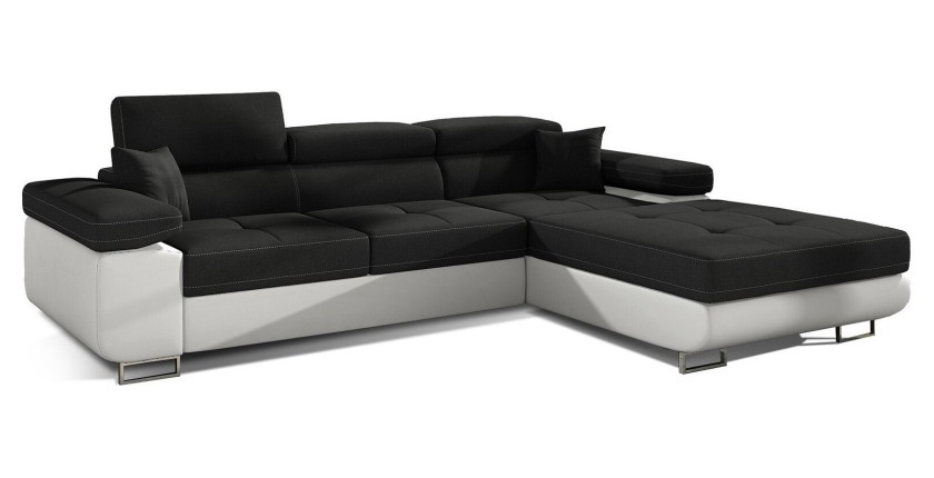 Canapé d’angle convertible AMANDA noir et blanc – Tissu effet lin – Angle droit 
