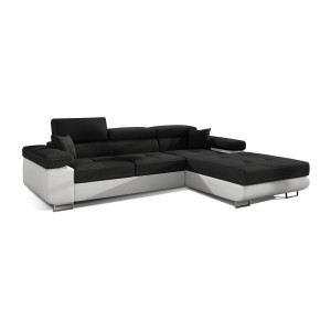 Canapé d’angle convertible AMANDA noir et blanc – Tissu effet lin – Angle droit 