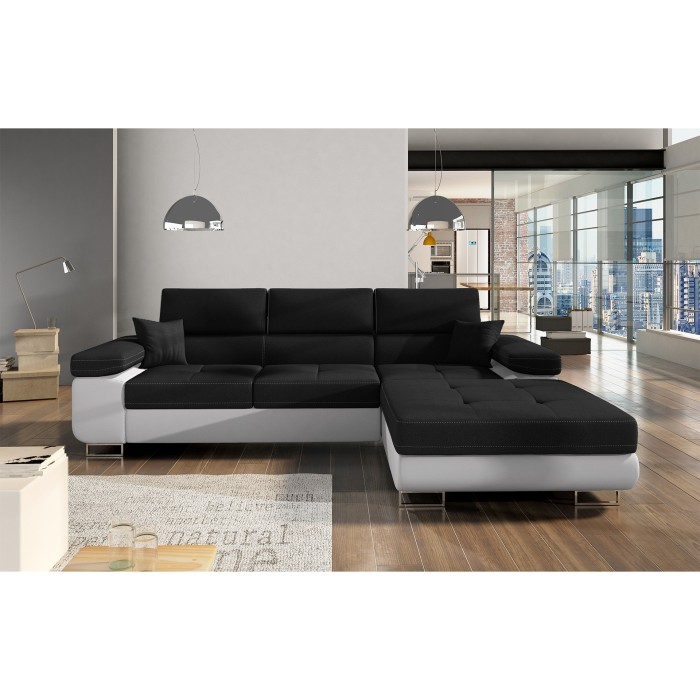 Canapé d’angle convertible AMANDA noir et blanc – Tissu effet lin – Angle droit 