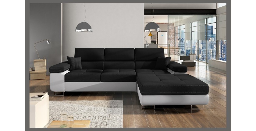 Canapé d’angle convertible AMANDA noir et blanc – Tissu effet lin – Angle droit 