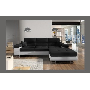 Canapé d’angle convertible AMANDA noir et blanc – Tissu effet lin – Angle droit 
