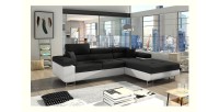 Canapé d’angle convertible AMANDA noir et blanc – Tissu effet lin – Angle droit 