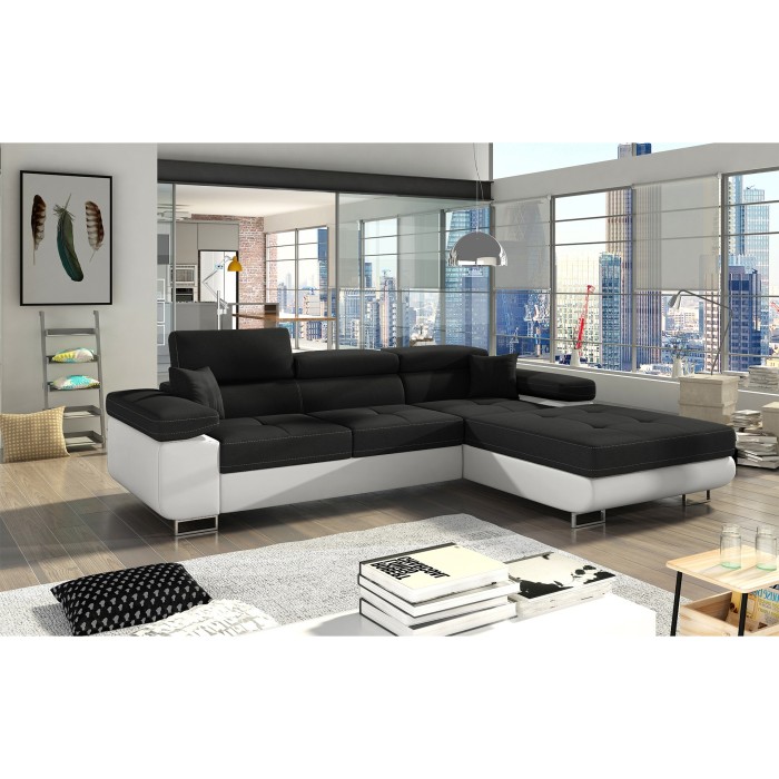 Canapé d’angle convertible AMANDA noir et blanc – Tissu effet lin – Angle droit 