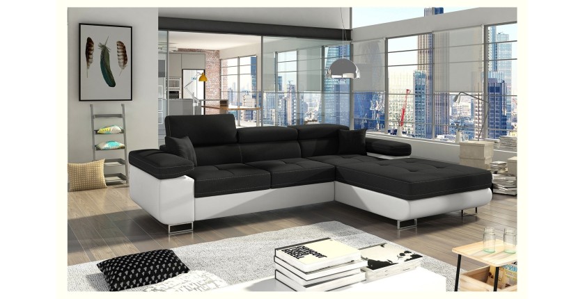 Canapé d’angle convertible AMANDA noir et blanc – Tissu effet lin – Angle droit 