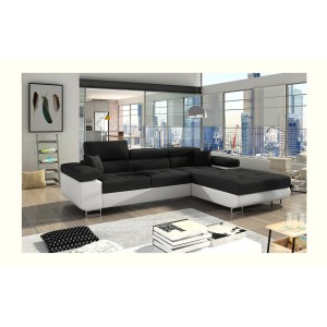 Canapé d’angle convertible AMANDA noir et blanc – Tissu effet lin – Angle droit 