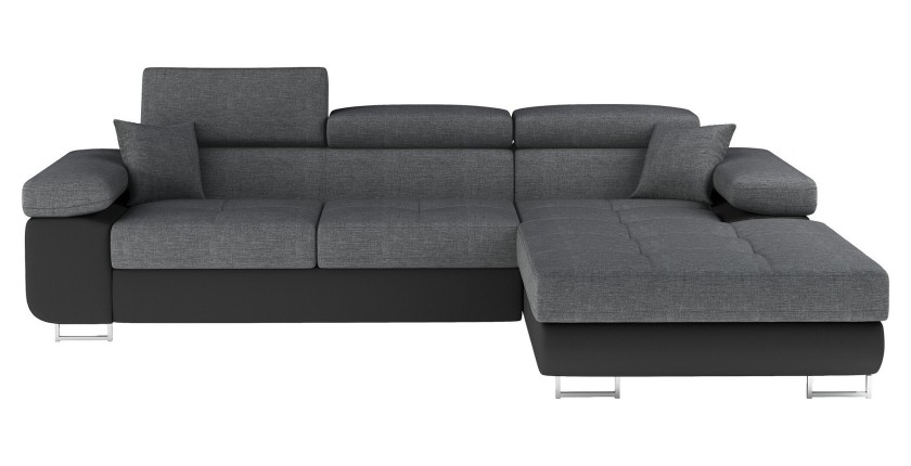 Canapé d’angle convertible AMANDA gris chiné et noir – Tissu effet lin – Angle droit 