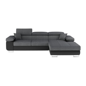 Canapé d’angle convertible AMANDA gris chiné et noir – Tissu effet lin – Angle droit 