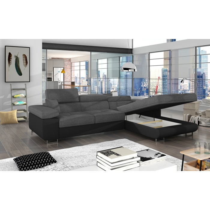 Canapé d’angle convertible AMANDA gris chiné et noir – Tissu effet lin – Angle droit 