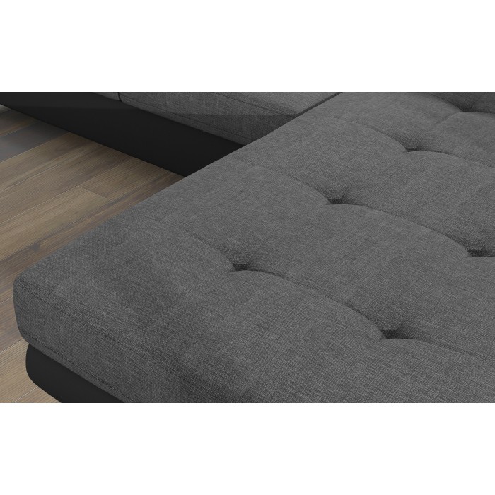 Canapé d’angle convertible AMANDA gris chiné et noir – Tissu effet lin – Angle droit 