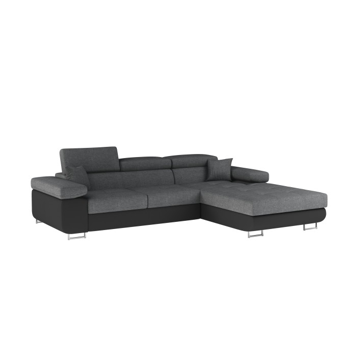 Canapé d’angle convertible AMANDA gris chiné et noir – Tissu effet lin – Angle droit 