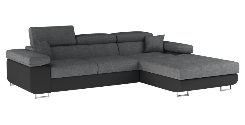 Canapé d’angle convertible AMANDA gris chiné et noir – Tissu effet lin – Angle droit 