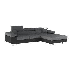 Canapé d’angle convertible AMANDA gris chiné et noir – Tissu effet lin – Angle droit 