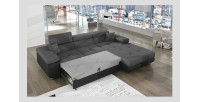 Canapé d’angle convertible AMANDA gris chiné et noir – Tissu effet lin – Angle droit 