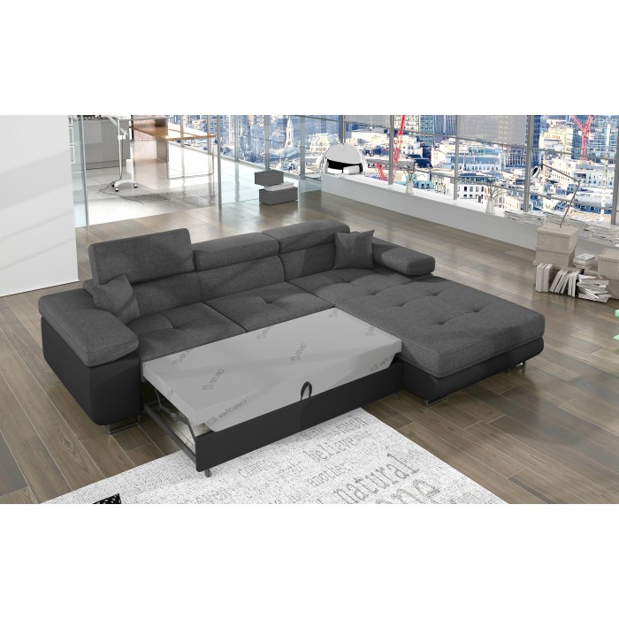 Canapé d’angle convertible AMANDA gris chiné et noir – Tissu effet lin – Angle droit 