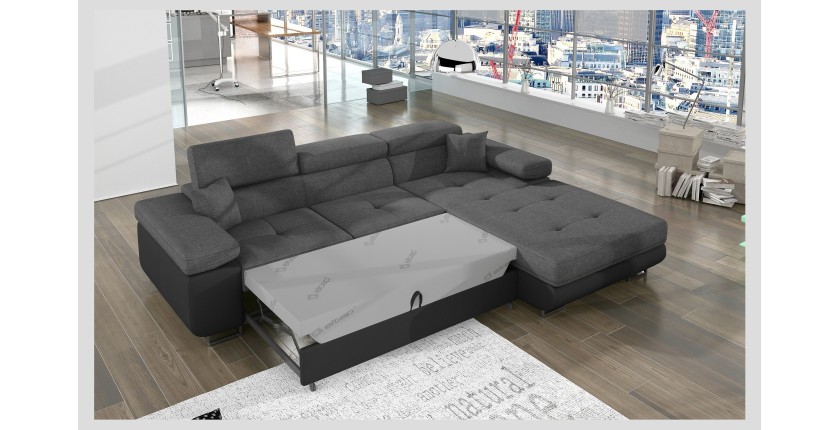 Canapé d’angle convertible AMANDA gris chiné et noir – Tissu effet lin – Angle droit 