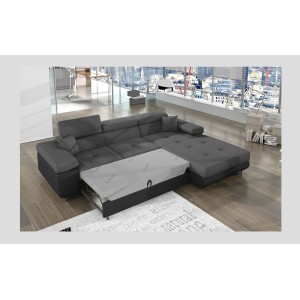 Canapé d’angle convertible AMANDA gris chiné et noir – Tissu effet lin – Angle droit 