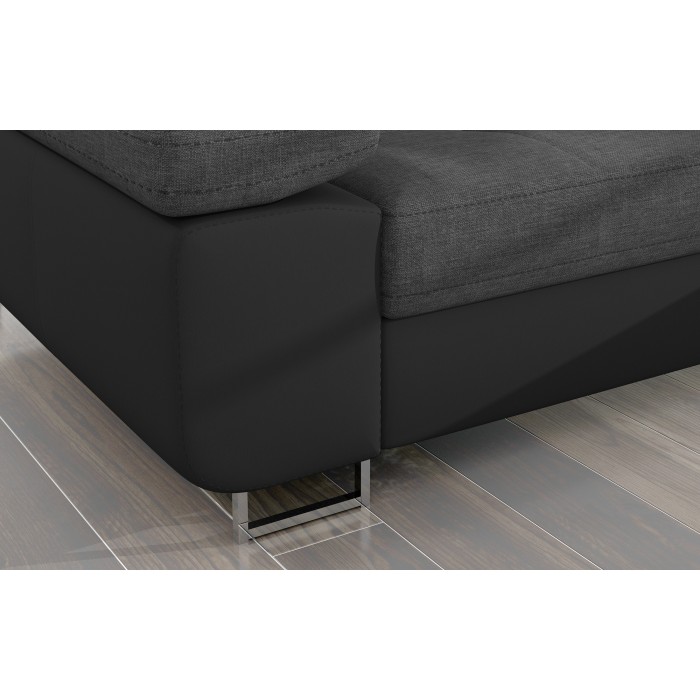 Canapé d’angle convertible AMANDA gris chiné et noir – Tissu effet lin – Angle droit 