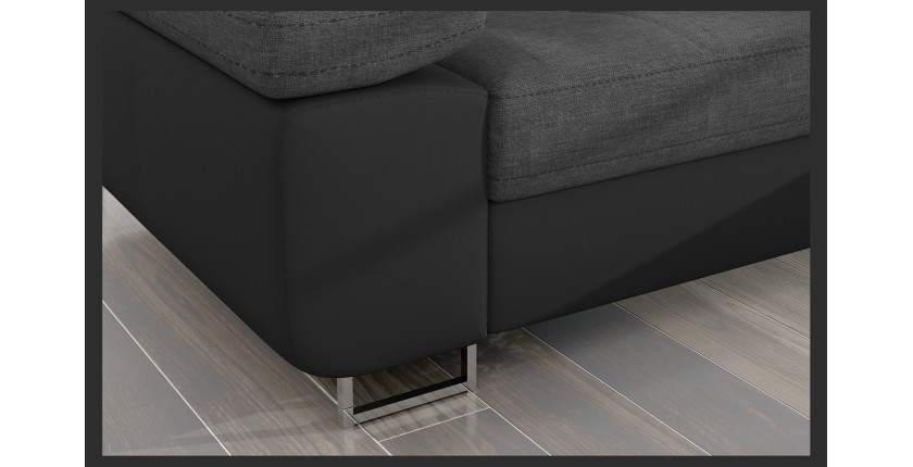 Canapé d’angle convertible AMANDA gris chiné et noir – Tissu effet lin – Angle droit 