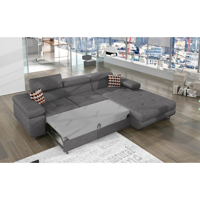 Canapé d’angle convertible AMANDA gris chiné – Tissu effet daim – Angle droit 