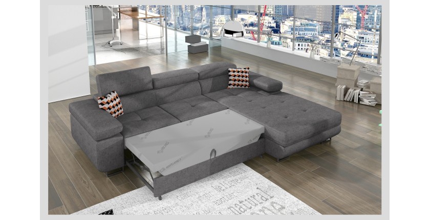 Canapé d’angle convertible AMANDA gris chiné – Tissu effet daim – Angle droit 