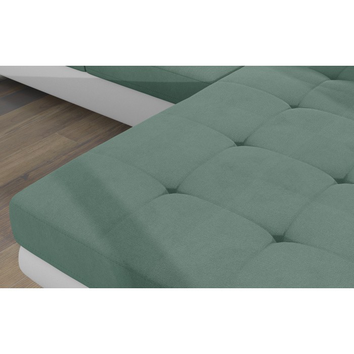 Canapé d’angle convertible AMANDA vert clair et blanc – Tissu effet suédine – Angle droit 