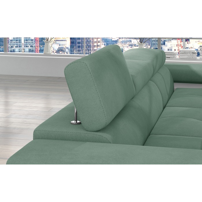 Canapé d’angle convertible AMANDA vert clair et blanc – Tissu effet suédine – Angle droit 