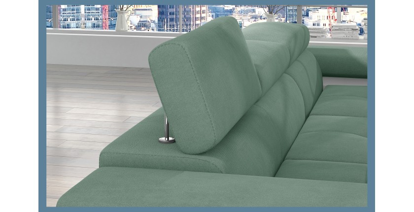 Canapé d’angle convertible AMANDA vert clair et blanc – Tissu effet suédine – Angle droit 