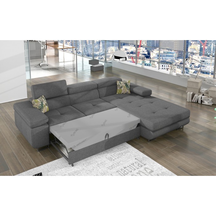 Canapé d’angle convertible AMANDA gris chiné – Tissu effet lin et appuie-têtes réglables 
